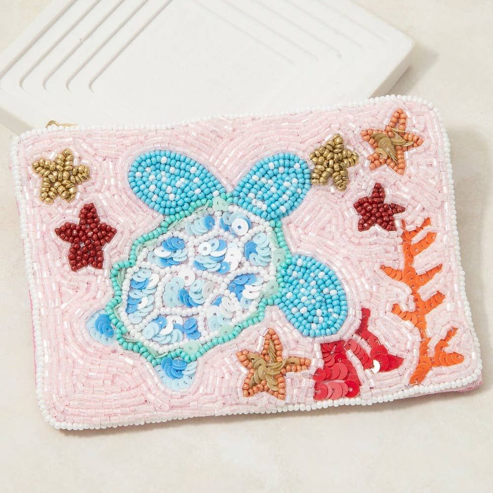 Sea Turtle Coral And Stars Seed Beaded Coin Purse, Color: MULTI
