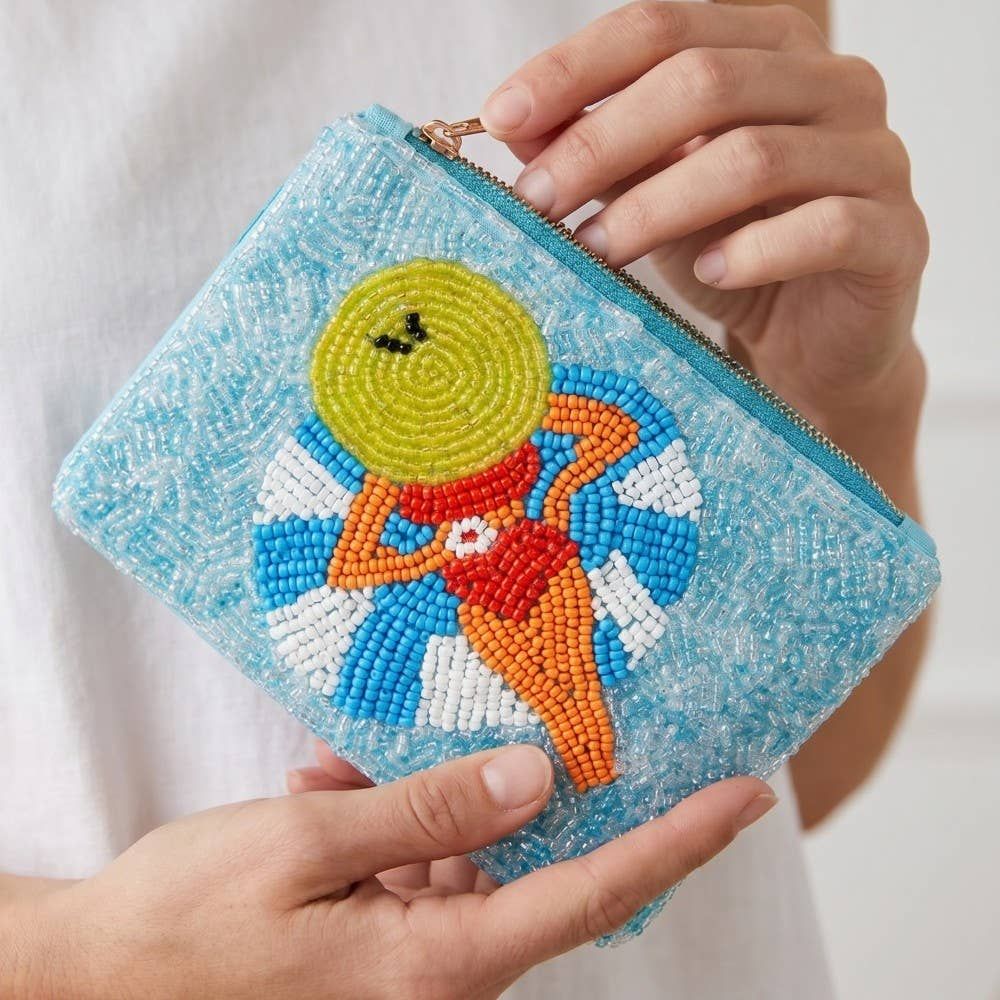 Sunbathing Pool Lady Seed Beaded Coin Purse, Color: MULTI