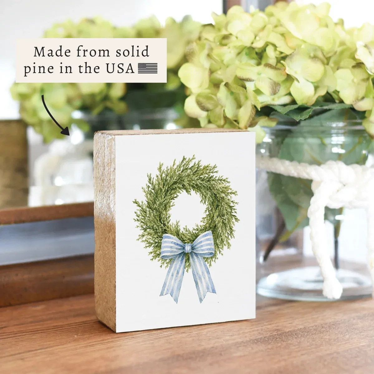 Wreath Blue Ribbon Block Sign