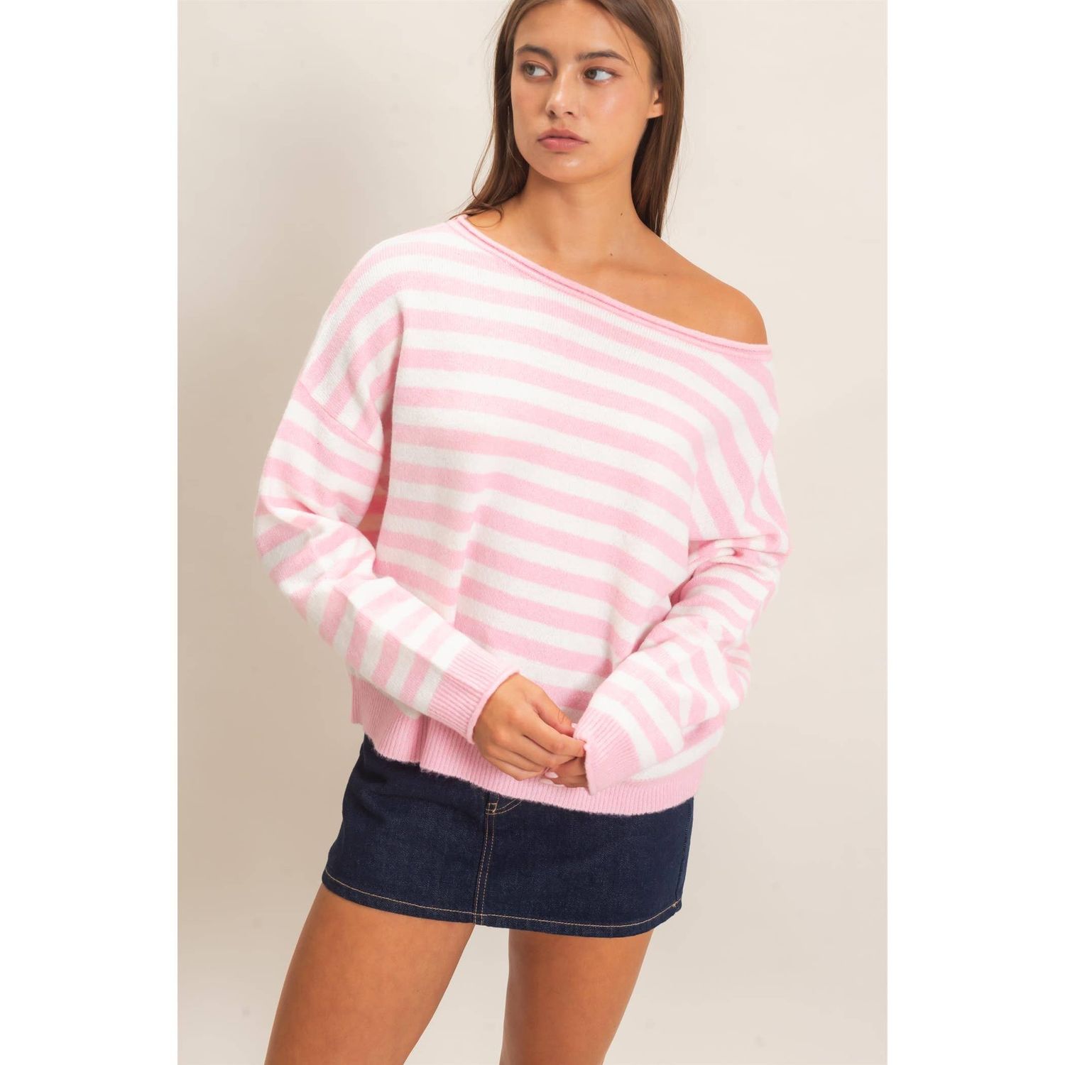 Mandy Off The Shoulder Striped Sweater, Color: PINK, Size: S