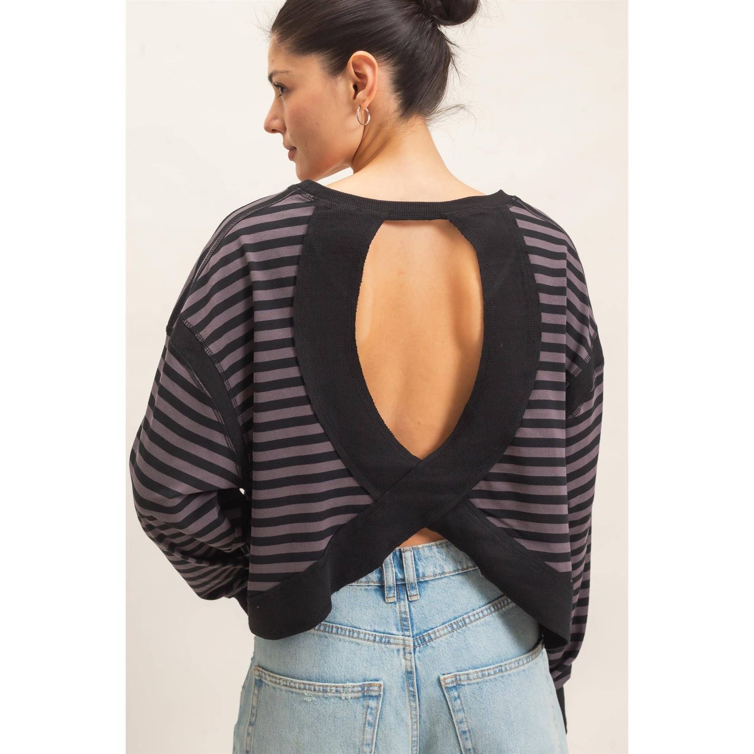 Claire Striped Long Sleeve Top, Color: CHARCOAL, Size: S
