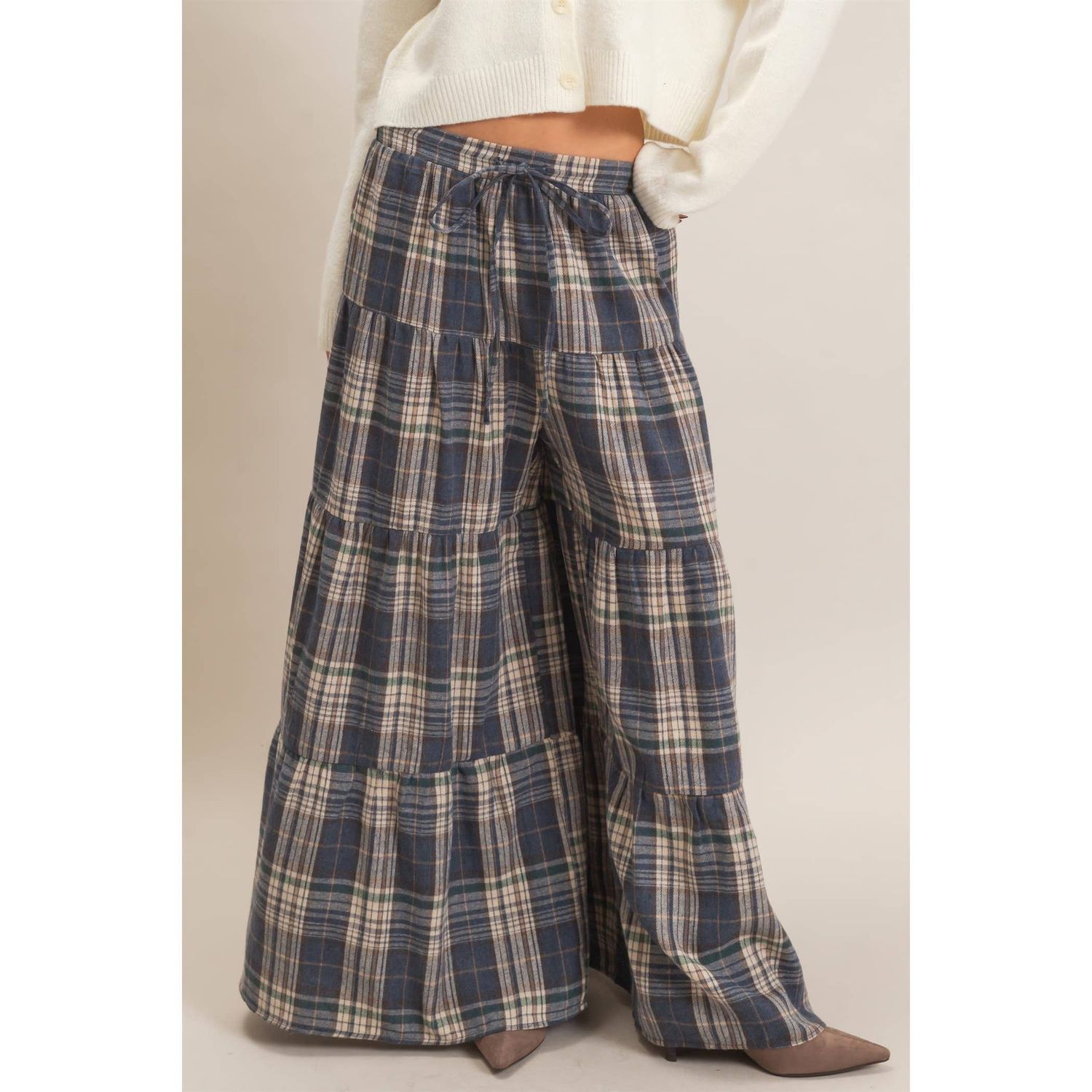 Tiered Plaid Wide-Leg Pants, Color: BLUE, Size: S