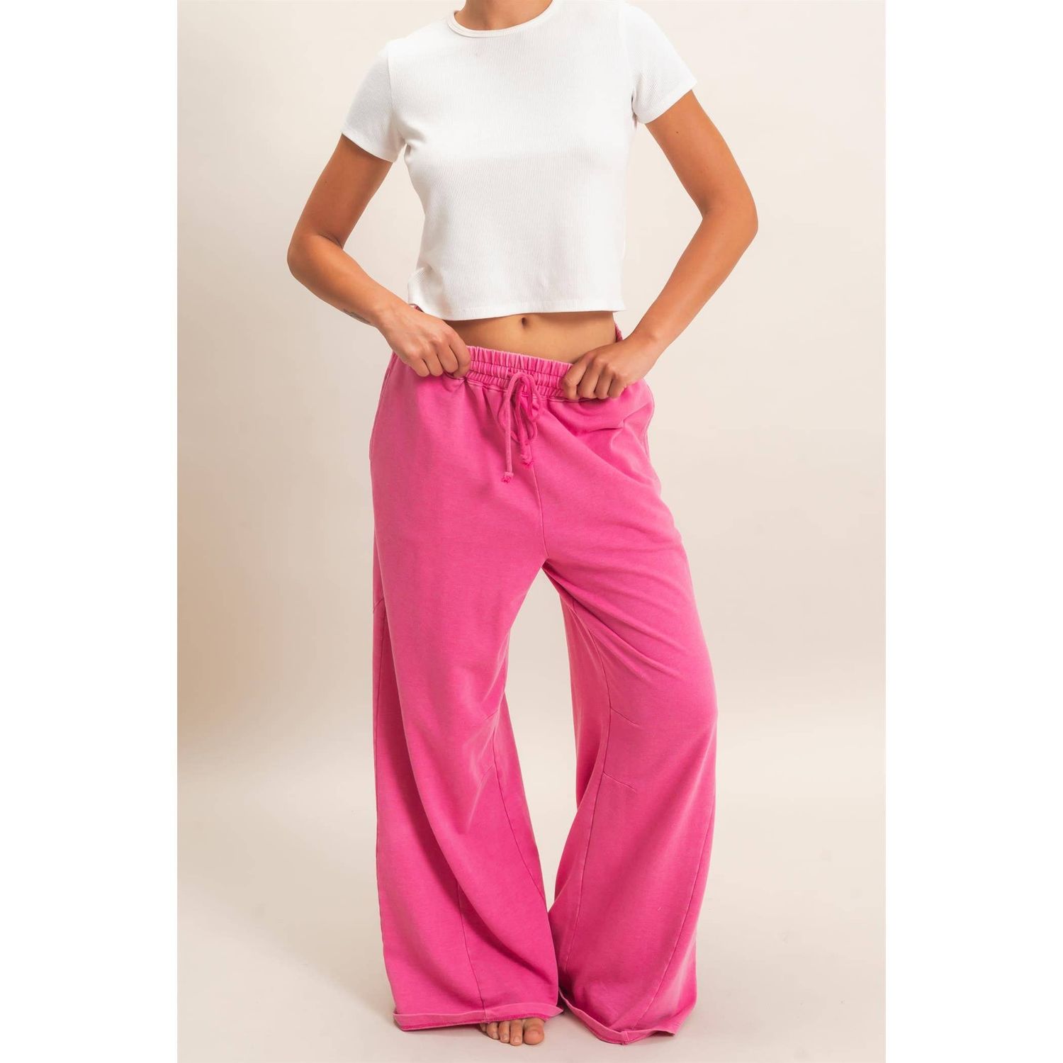 Daphne Mineral Washed Wide Leg Pants, Color: FUCHSIA, Size: S