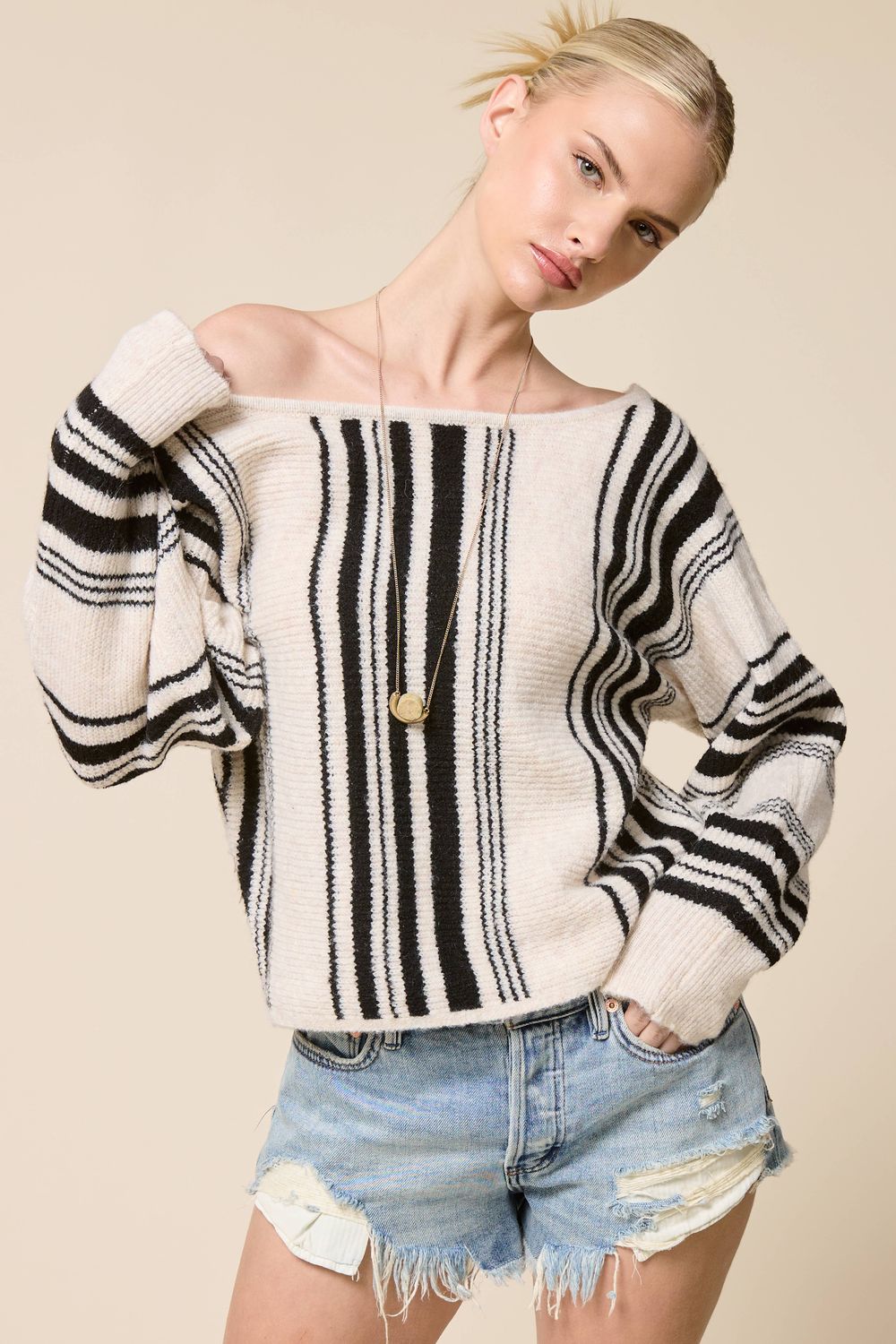 Cora Striped Knit Sweater, Color: Stone, Size: S