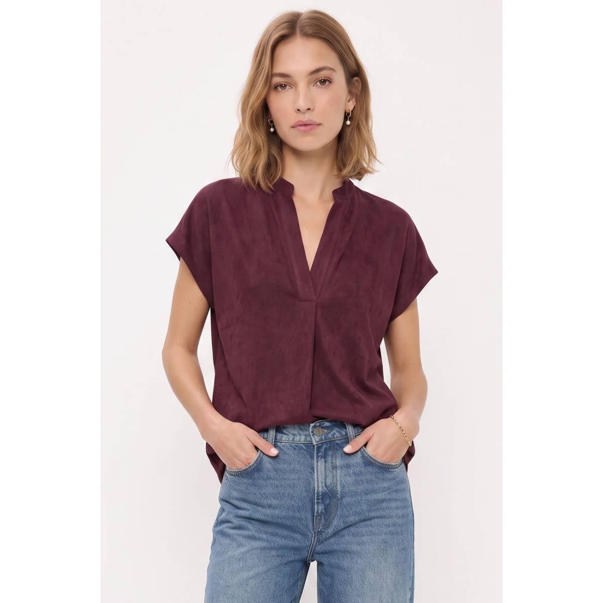 Winnie Soft Matte Drop Shoulder Top, Color: Wine, Size: M