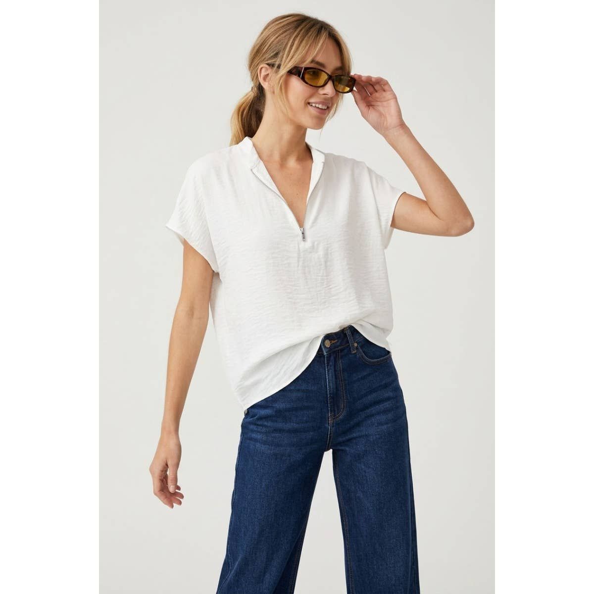 Harper Half Zip Relaxed Top, Color: Off White, Size: S