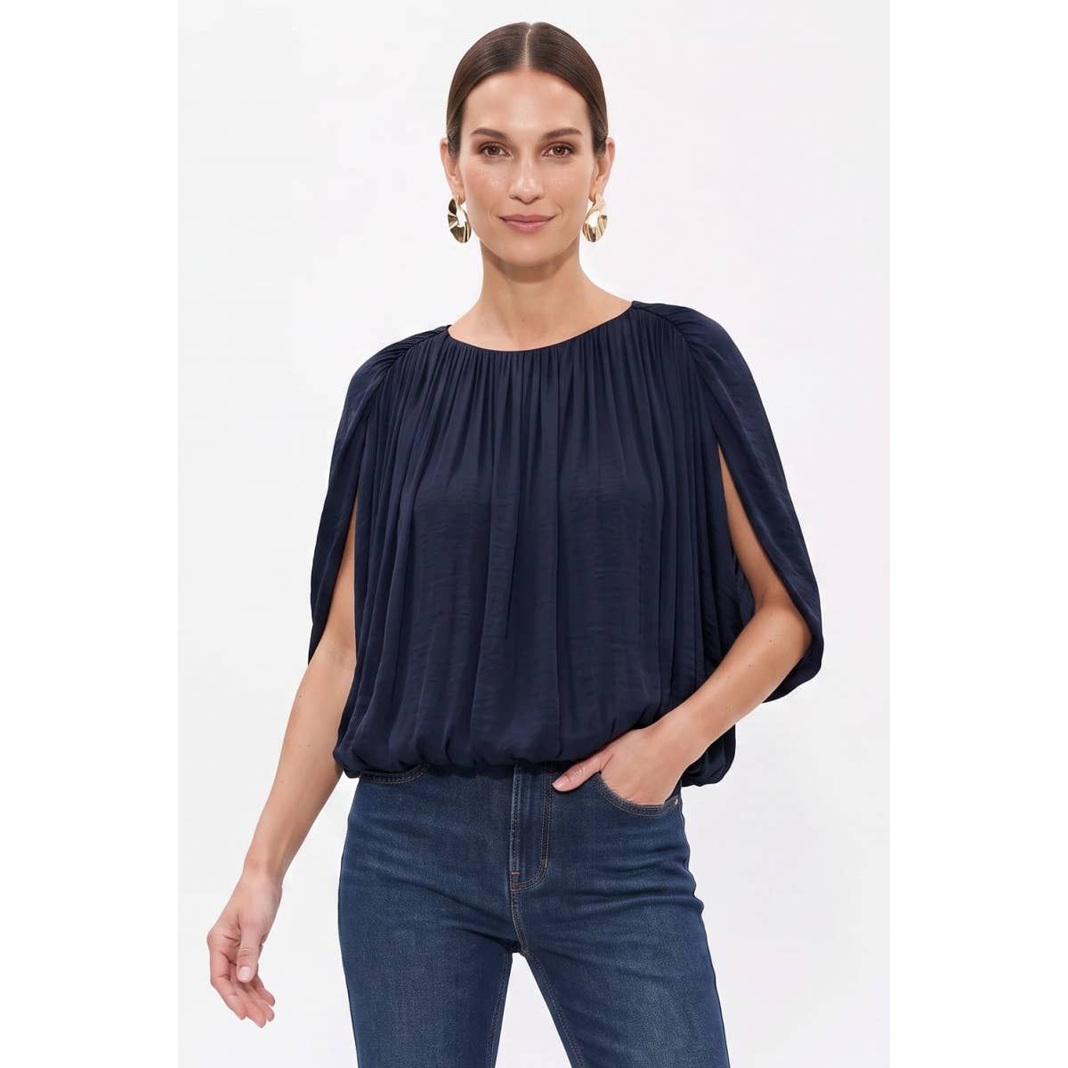 Grecian Drape Bubble Blouse, Color: Dark Navy, Size: M