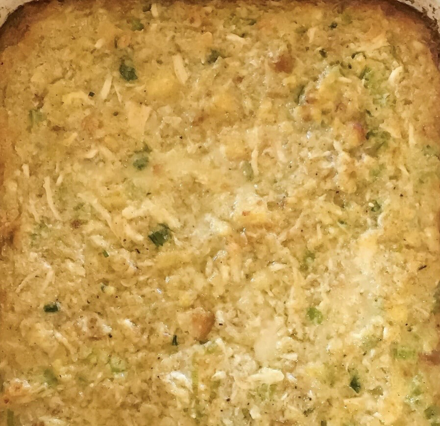 Large Homemade Cornbread Chicken &amp; Dressing Casserole.