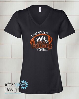 Bulldogs Glitter Football Heart Design on Black Relaxed Vneck