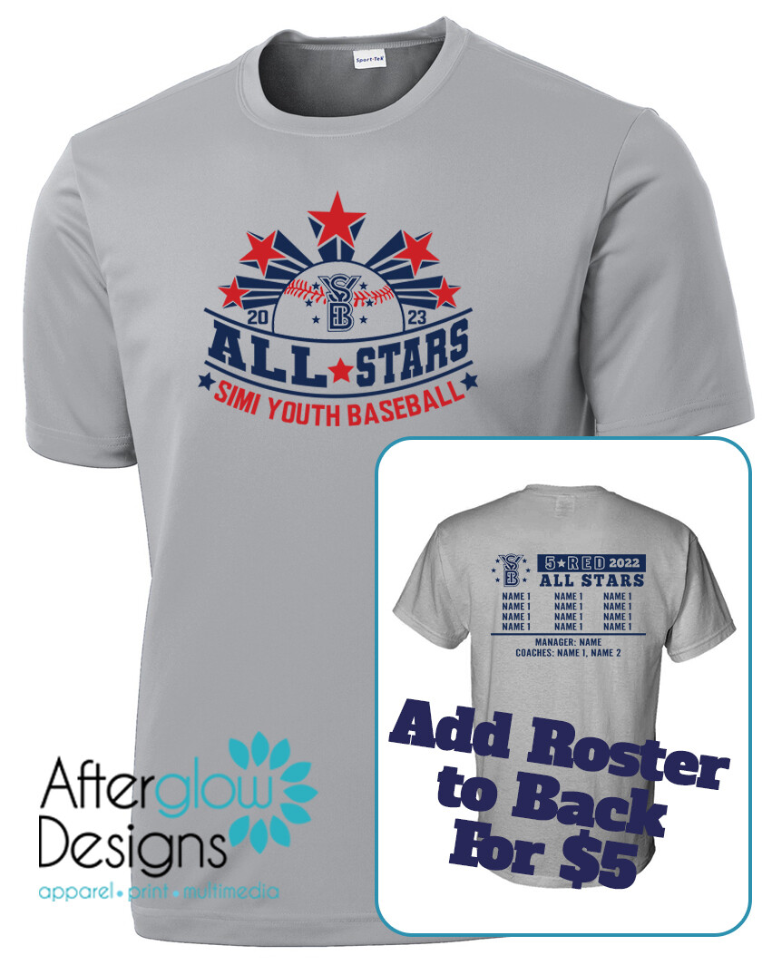 Personalized Softball All Star Shirts Names Listed on Back 