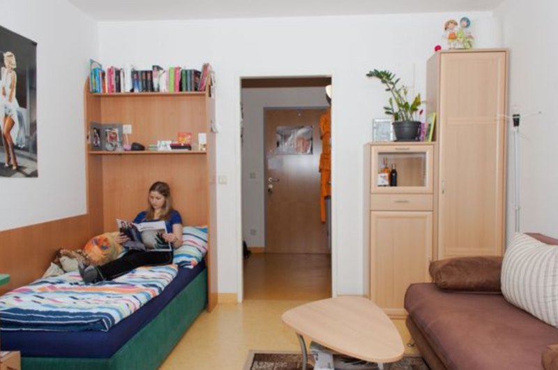 Furnished single room with private bathroom and shower; common kitchen