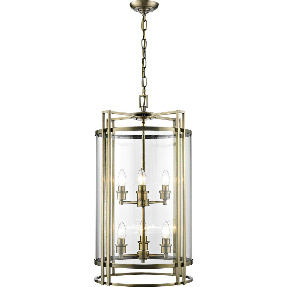 Eaton Pendant 6xE14 Light Antique Brass/Glass