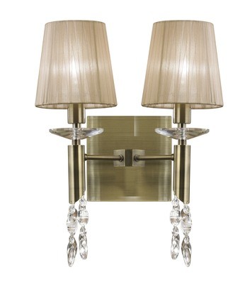 Tiffany Wall Lamp Switched 2+2 Light E14+G9, Antique Brass With Soft Bronze Shades & Clear Crystal
