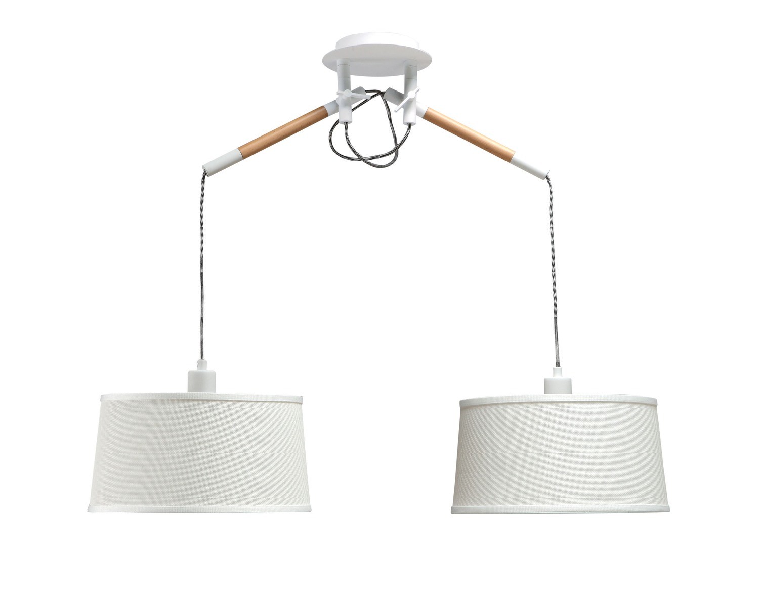 Nordica Pendant With White Shade 2 Light E27, Matt White/Beech With Ivory White Shades