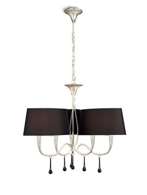 Paola Pendant 3 Arm 6 Light E14, Silver Painted With Black Shades & Black Glass Droplets