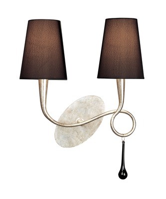 Paola Wall Lamp Switched 2 Light E14, Silver Painted With Black Shades & Black Glass Droplets