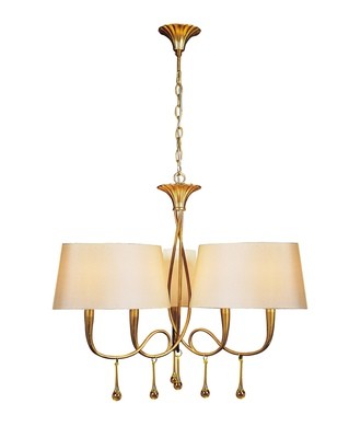Paola Pendant 3 Arm 6 Light E14, Gold Painted With Cream Shades & Amber Glass Droplets
