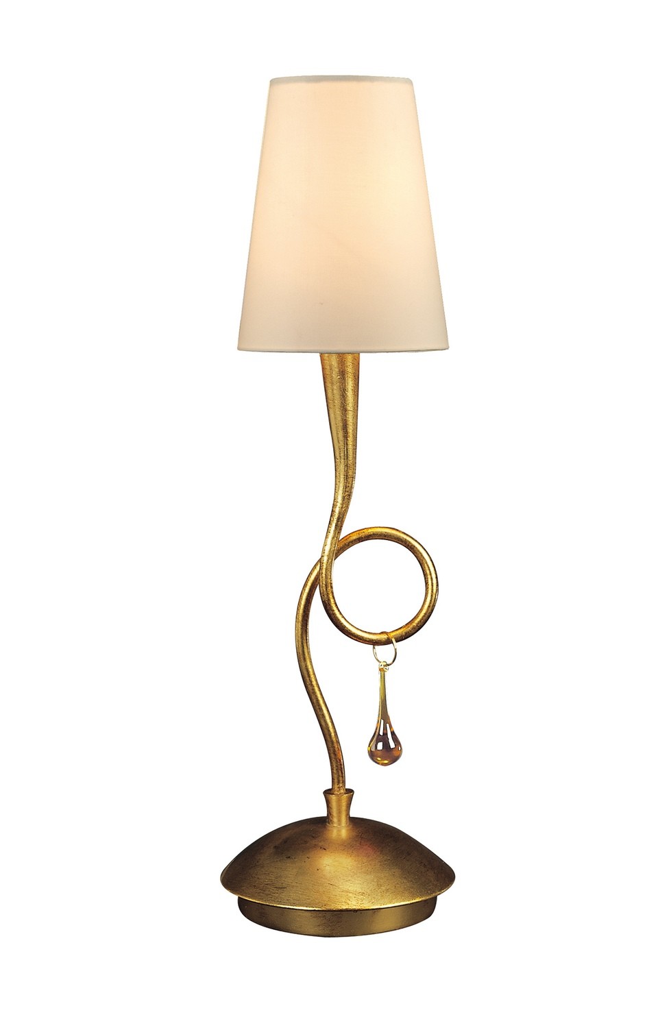 Paola Table Lamp 1 Light E14, Gold Painted With Cream Shade & Amber Glass Droplets