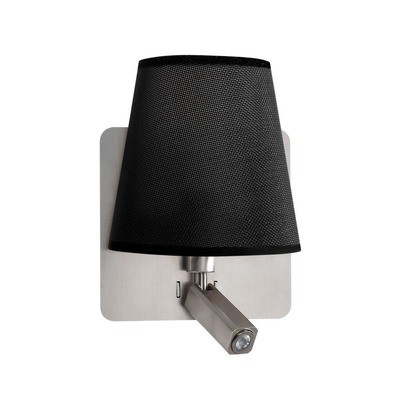 Bahia Wall Lamp With Large Back Plate 1 Light E27 + Reading Light 3W LED With Black Shade Satin Nickel 4000K, 200lm