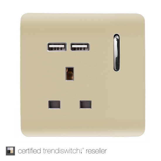 Trendi, Artistic Modern 1 Gang 13Amp Switched Socket WIth 2 x USB Ports Champagne Gold Finish, BRITISH MADE, 5yrs warranty