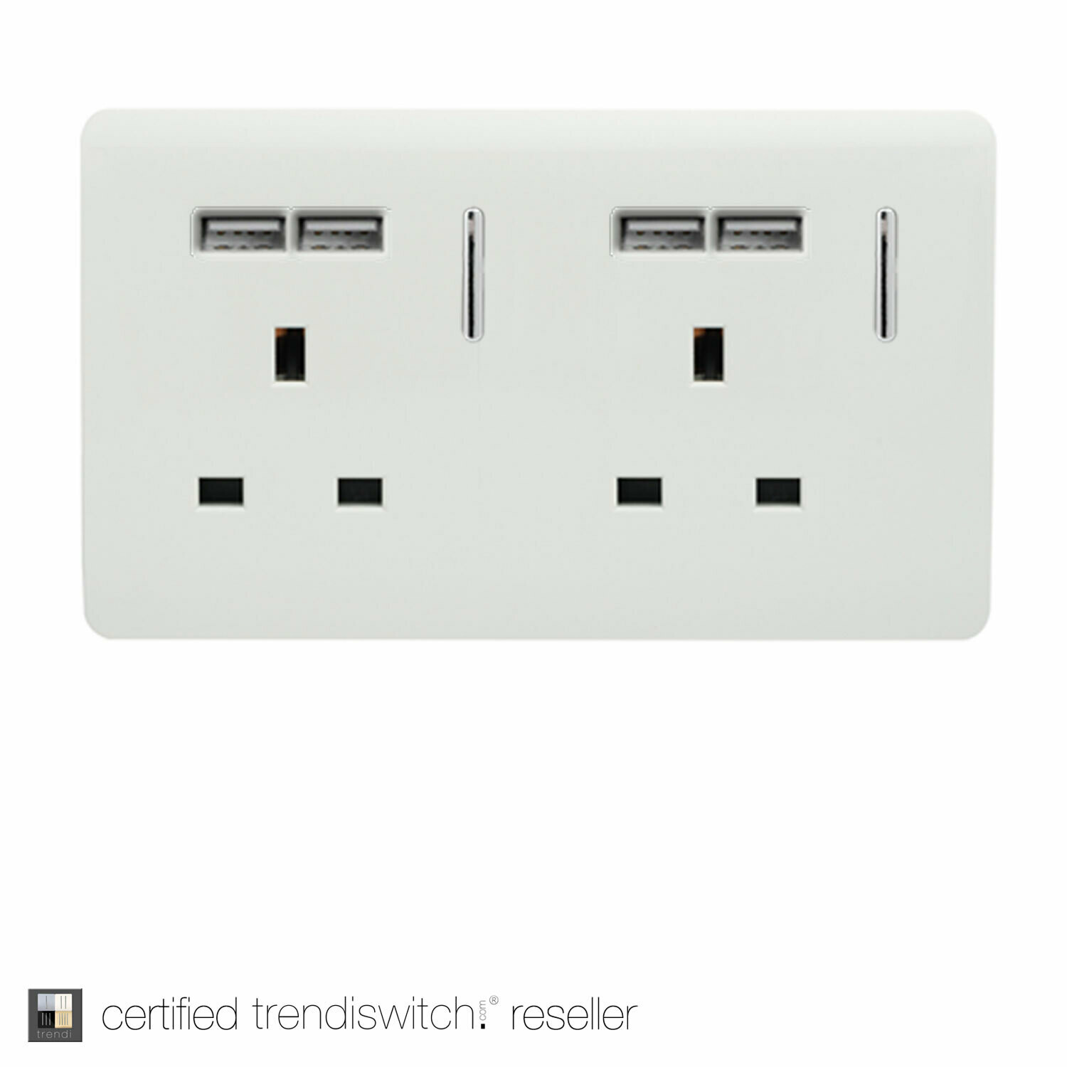 Trendi, Artistic Modern 2 Gang 13Amp Switched Double Socket With 4X 2.1Mah USB Gloss White Finish, BRITISH MADE, 5yrs warranty