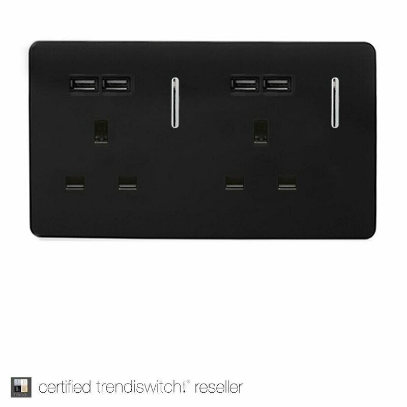 Trendi, Artistic Modern 2 Gang 13Amp Switched Double Socket With 4X 2.1Mah USB Gloss Black Finish, BRITISH MADE, 5yrs warranty