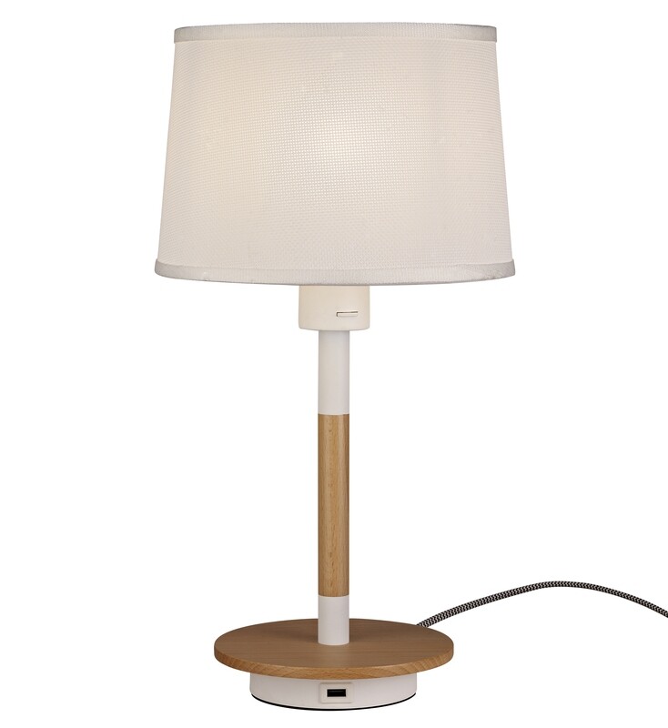 POSITION Table Lamp With USB Socket, 1xE27, White/Beech With White Shade