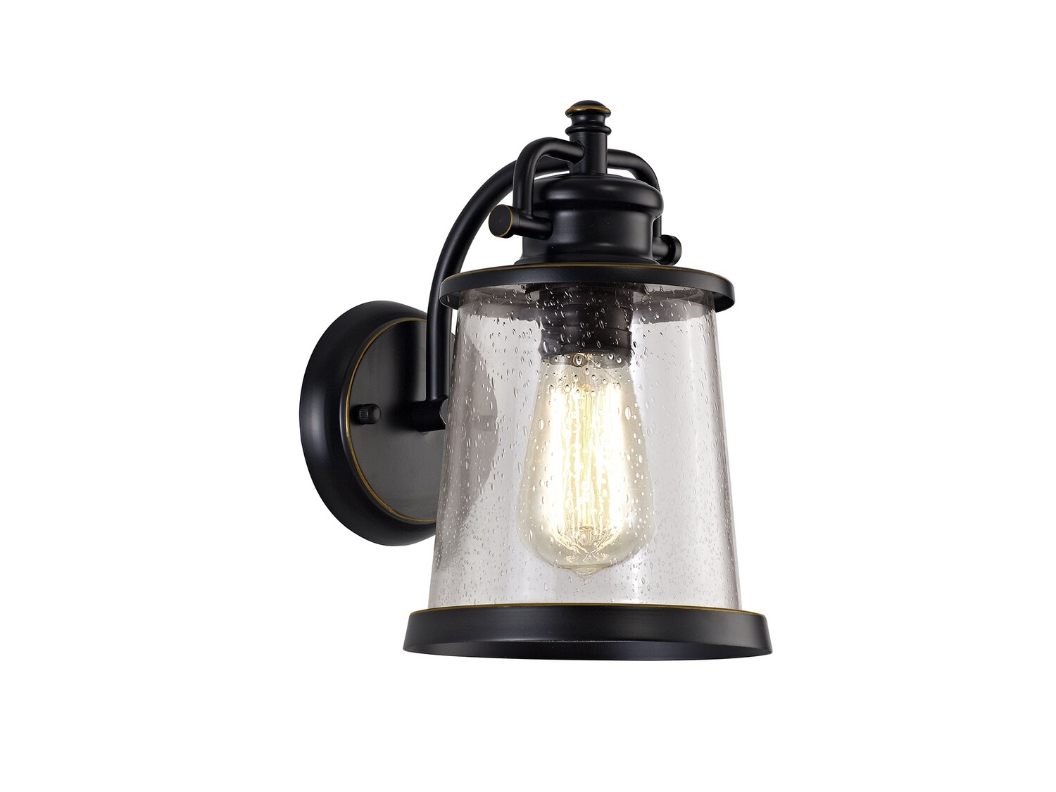 Farola Wall Lamp, 1 x E27, Black/Gold With Seeded Clear Glass, IP54