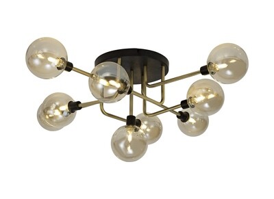 Avellana Flush Ceiling, 9 Light G9, Matt Black/Antique Brass/Cognac Glass