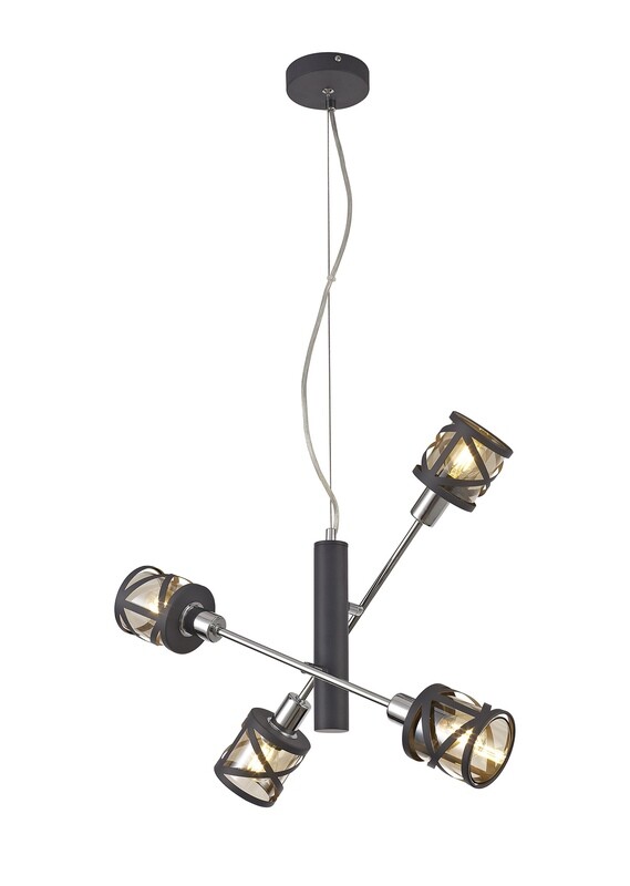 Bunji 4 Light Adjustable Pendant E14, Matt Grey/Polished Chrome/Cognac