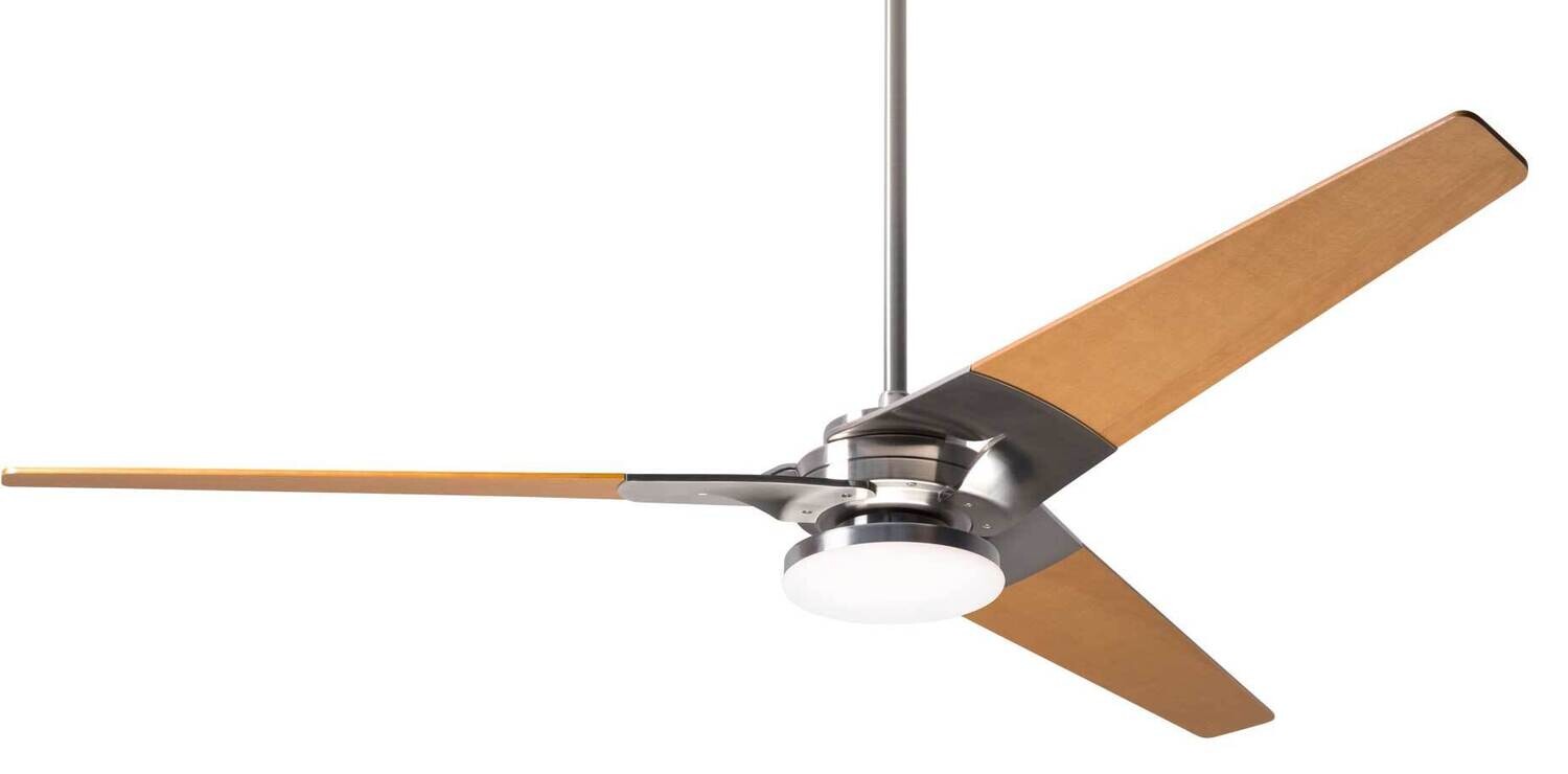 TORSION Ø132 or 157 Design ceiling fan bright nickel/maple with light integrated and wall control included