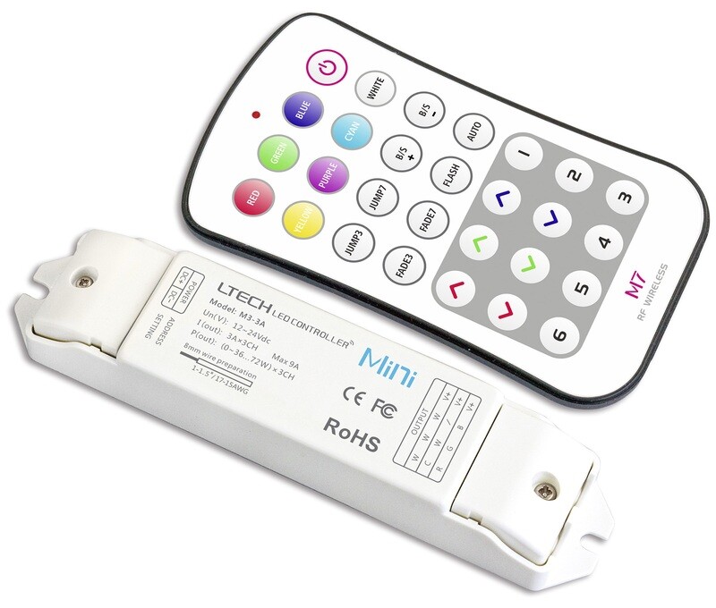 Remote Control+Receiver CV RGB Controller, 12/24 V DC, 108/216W, 9A (3A x 3CH), 40m remote range.