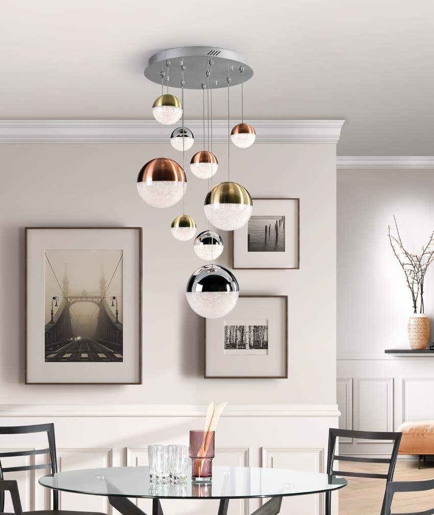 SPHERE 9 Gold Chrome Copper Spheres LED Cascade Pendant Bluetooth dimmable