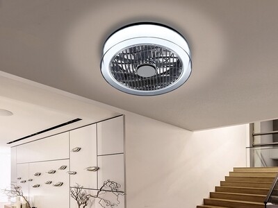 WIND 24W LED Dimmable 1920lm Ceiling Light With Built-In DC Fan, c/w Remote Control and APP Control Smoke/Chrome Opal