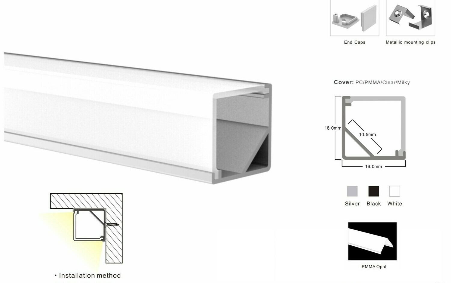 Aluminum profile for LED strip W16xH16mm