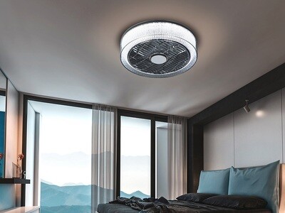 WIND 24W LED Dimmable 1920lm Ceiling Light With Built-In DC Fan, c/w Remote Control and APP Control Smoke/Chrome Textured