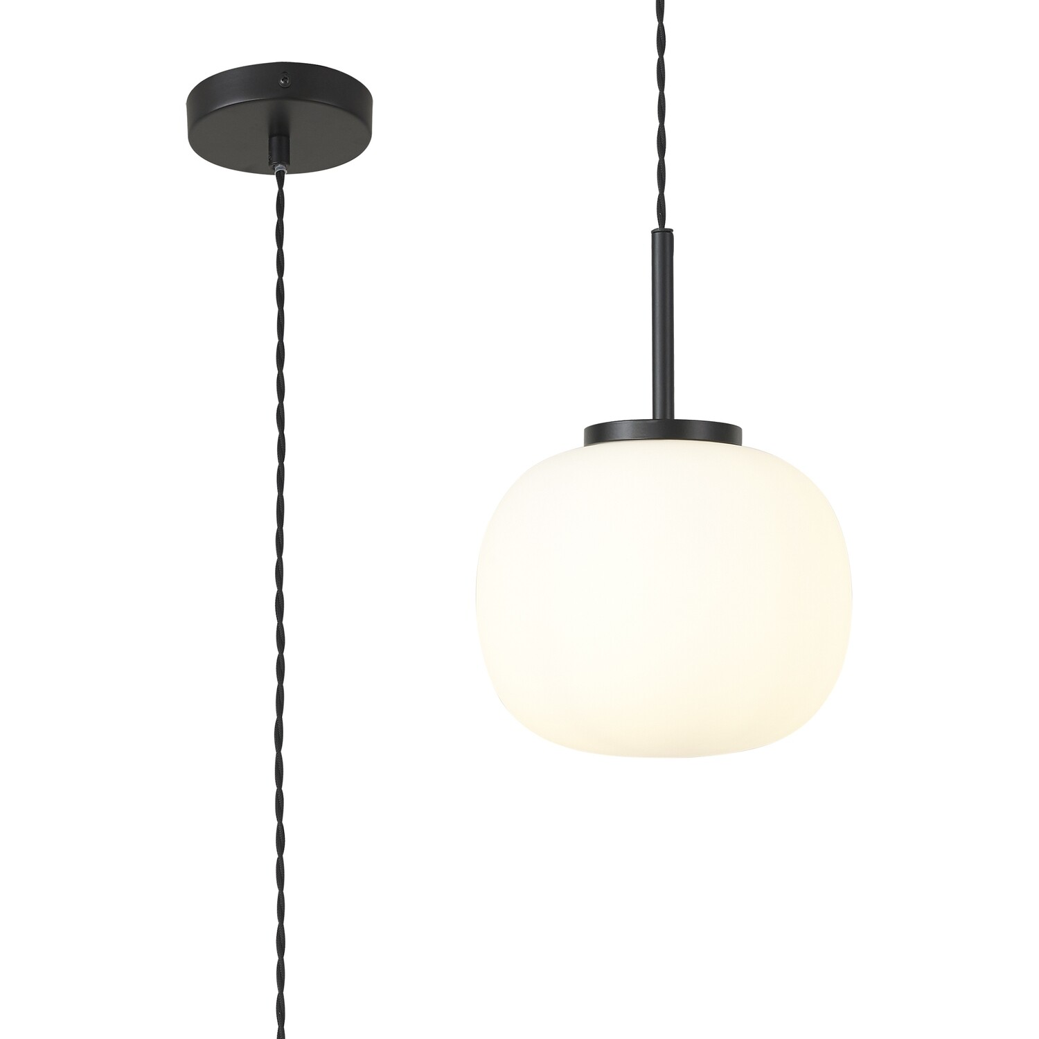 ARAL Small Oval Ball Pendant 1 Light E27 Matt Black Suspension With Frosted White Glass Globe