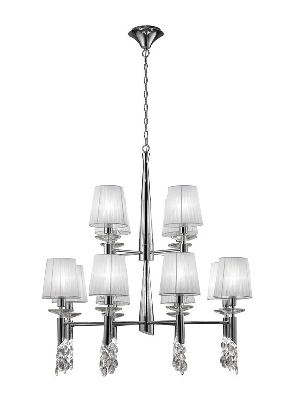 CHARLET Pendant 12+12Light E14+G9, Polished Chrome With White Shades &amp; Clear Crystal