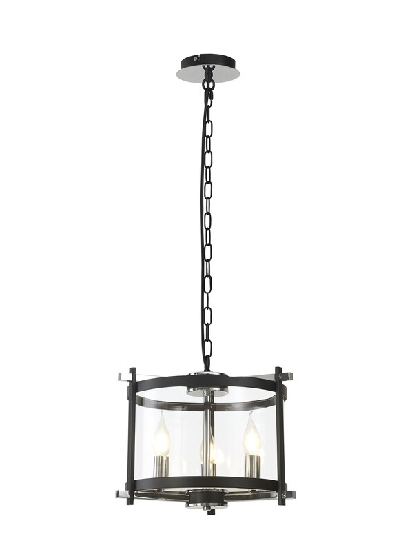 NALON  Ø36cm  Single Pendant 3 Light E14 Black With Polished Chrome Detail And Clear Glass