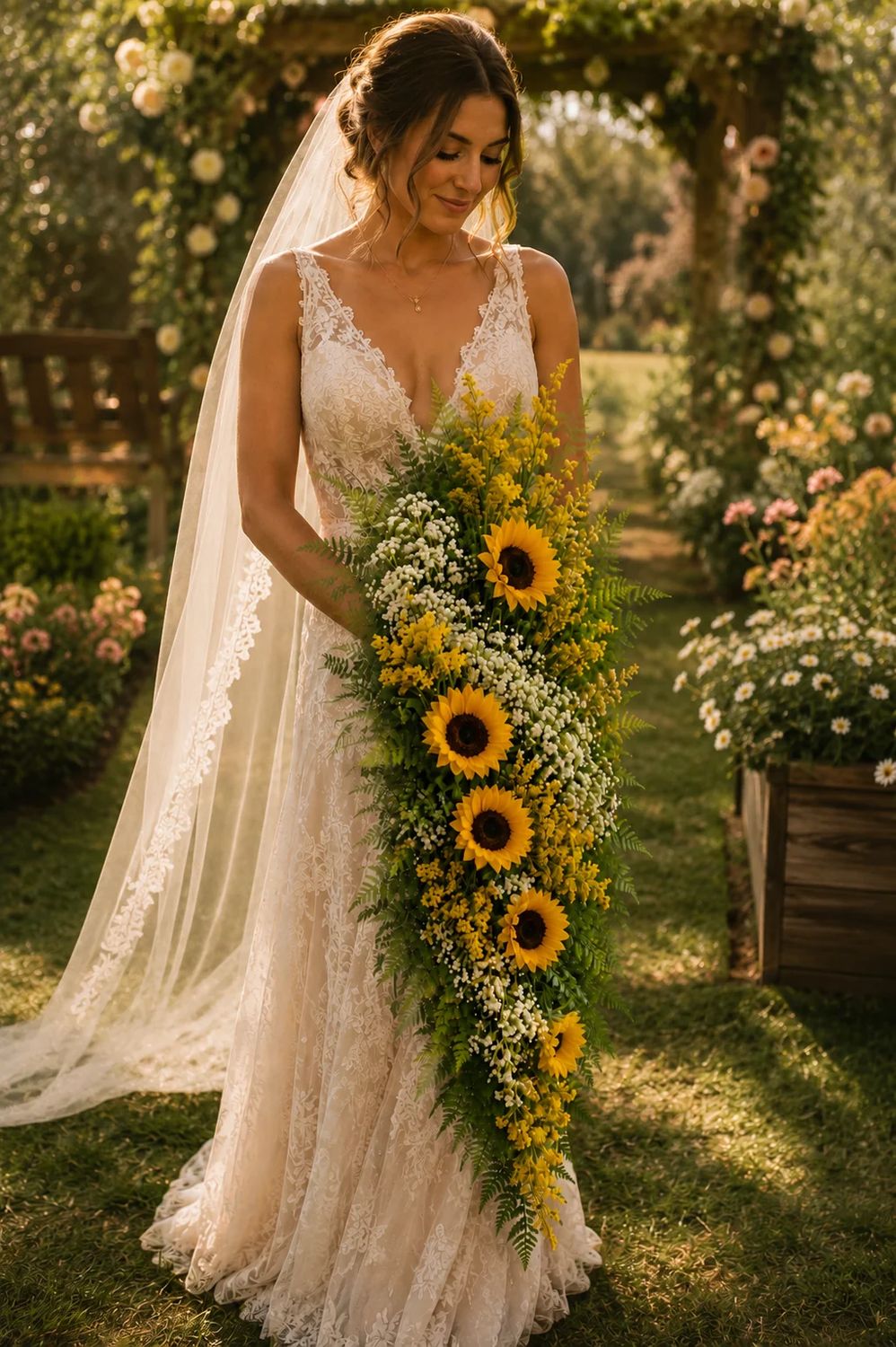 Sunflowers Bride Boho Cascading Spiral