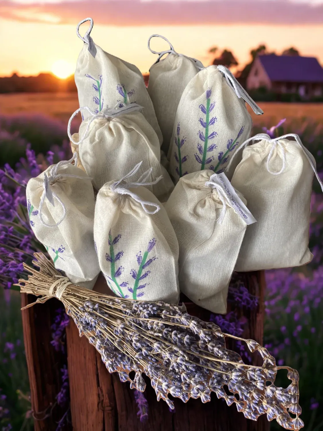Organic Lavender Sachets, Hand-painted Muslin Bags, US Farm Grown Freshener, Wedding Favors