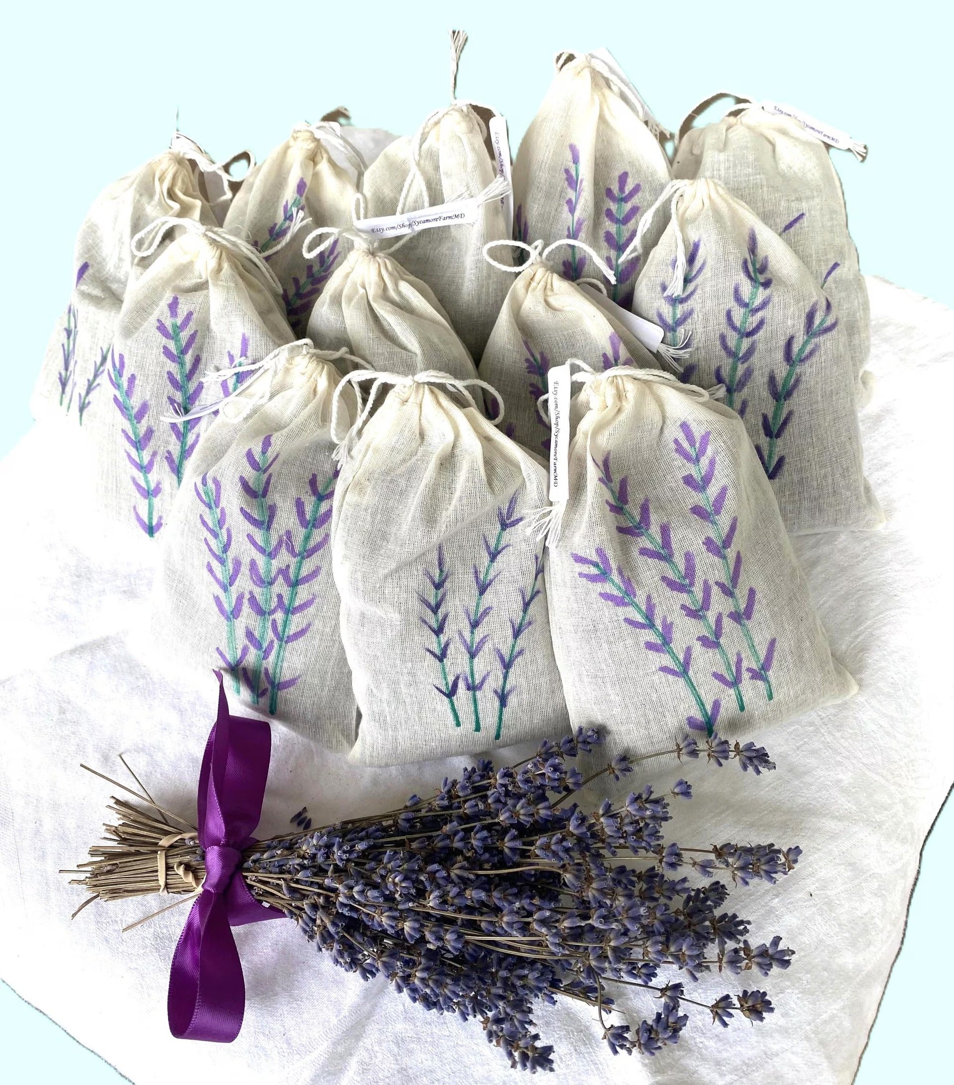 Organic Lavender Sachets, Hand-painted Muslin Bags, US Farm Grown Freshener, Wedding Favors