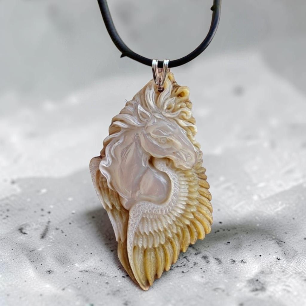 Bassorilievo in Madreperla Raffigurante Pegaso – Inciso e Intagliato a Mano con gancio in argento 925