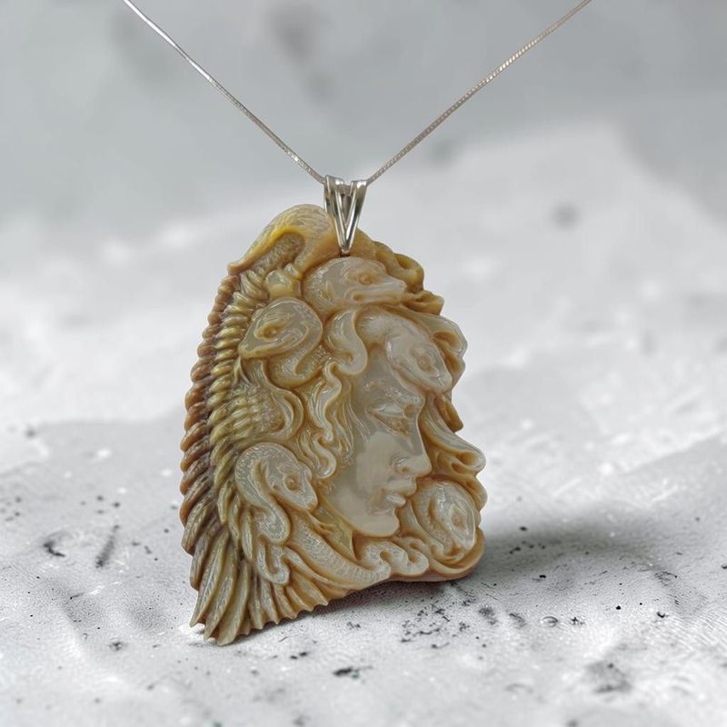 Bassorilievo in Madreperla Raffigurante Medusa con Serpenti – Inciso e Intagliato a Mano Bassorilievo in Madreperla Raffigurante Medusa con Serpenti – Inciso e Intagliato a Mano