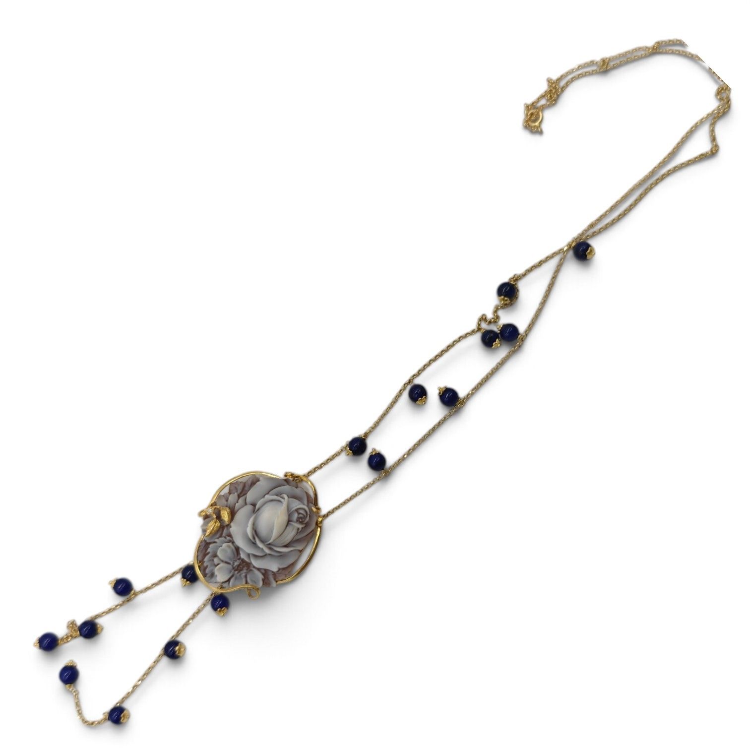 Collana in Argento 925 Placcato in Oro con Cameo Sardonico e Agata Blu