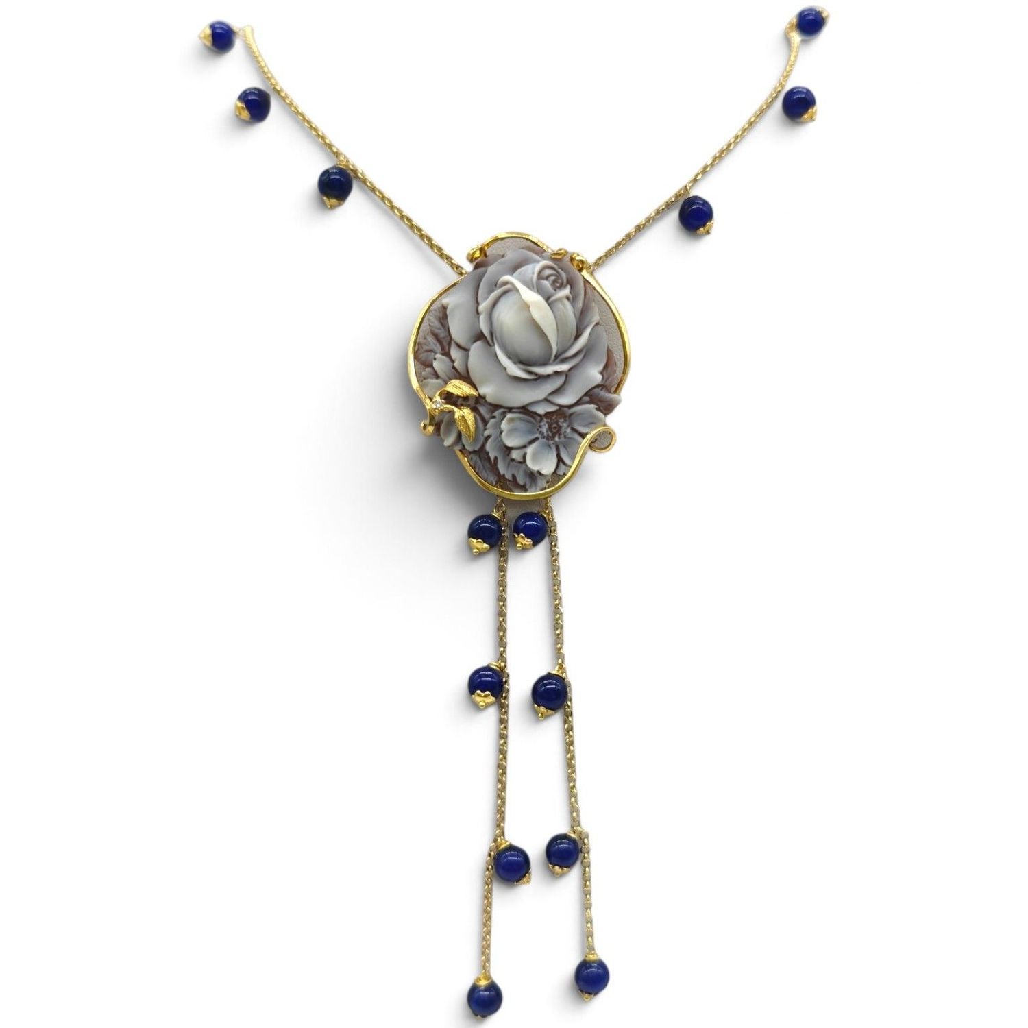 Collana in Argento 925 Placcato in Oro con Cameo Sardonico e Agata Blu