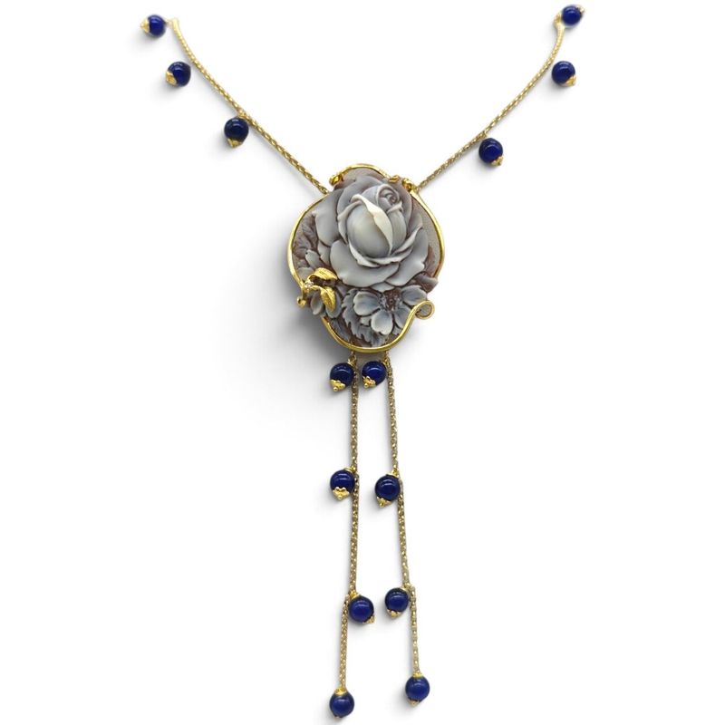 Collana in Argento 925 Placcato in Oro con Cameo Sardonico e Agata Blu Collana in Argento 925 Placcato in Oro con Cameo Sardonico e Agata Blu