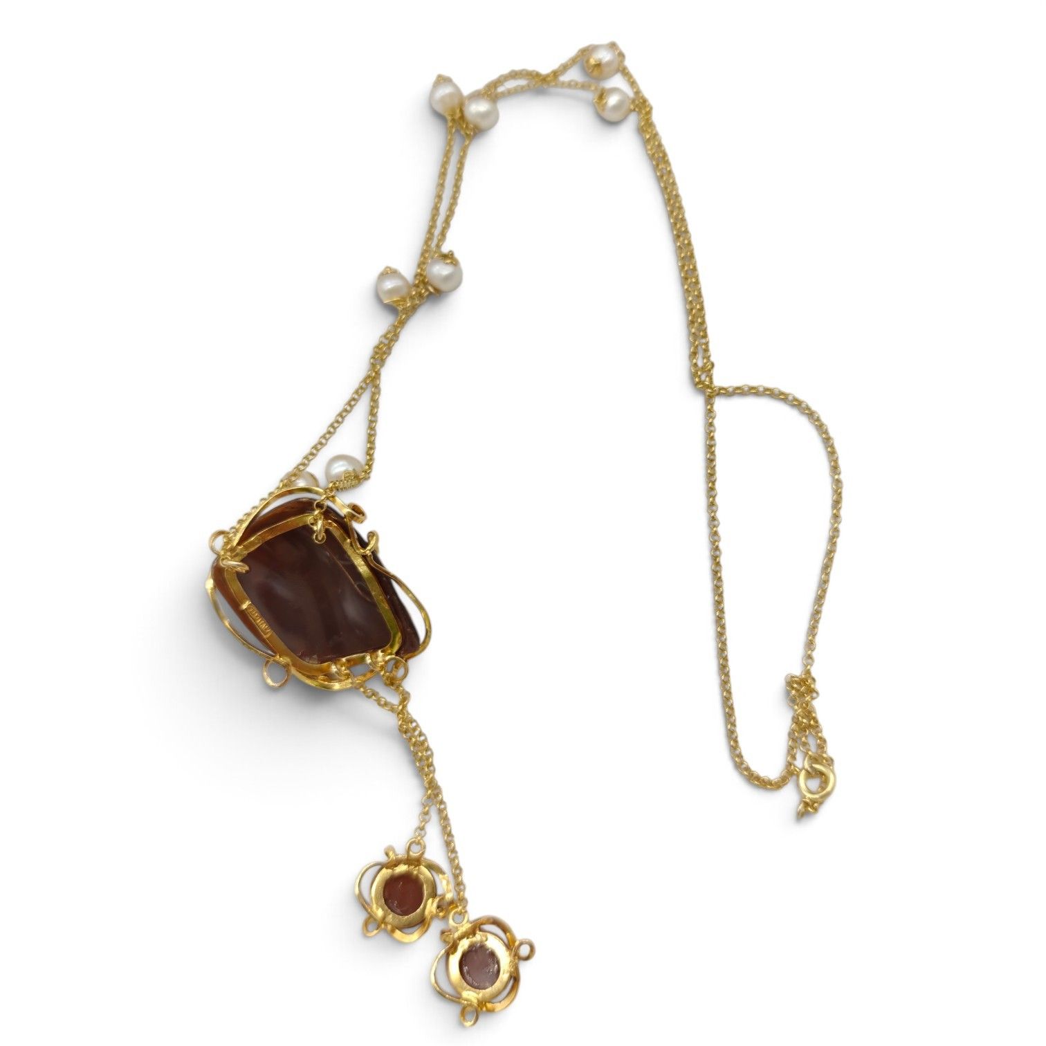 Collana in Argento 925 Placcato in Oro con Cameo, Perle di Fiume e Zirconi