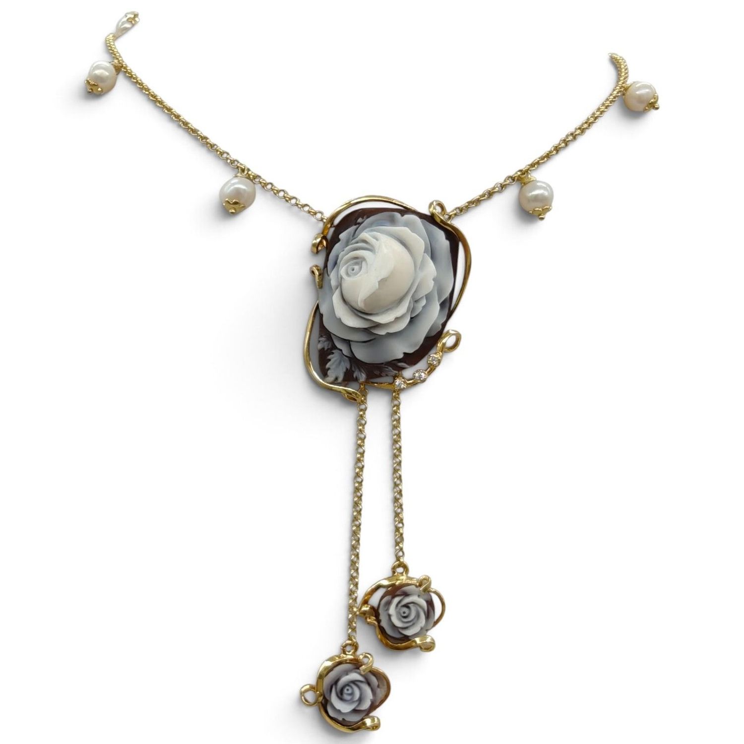 Collana in Argento 925 Placcato in Oro con Cameo, Perle di Fiume e Zirconi