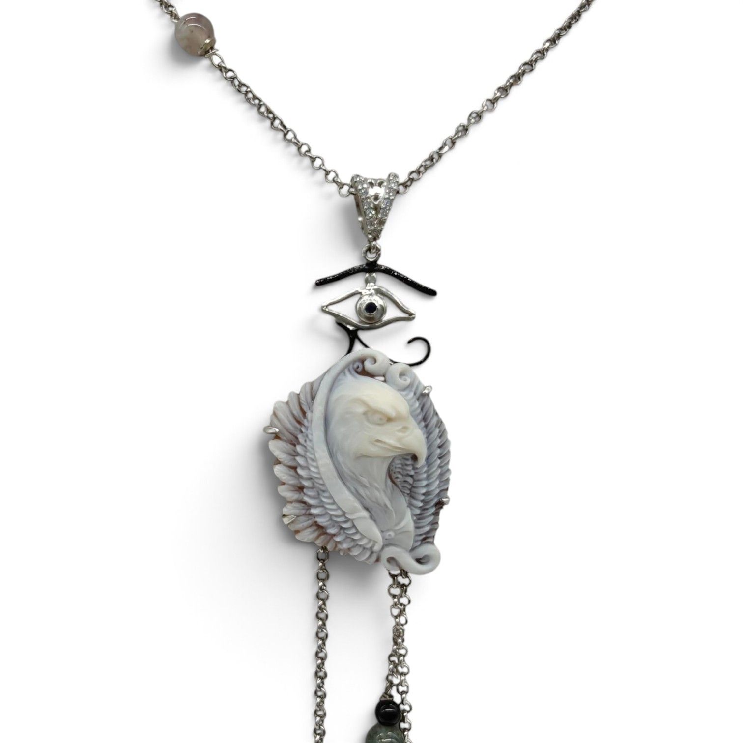 Collana in Argento 925 con Aquila incisa su Cameo e Agata grigia e nera